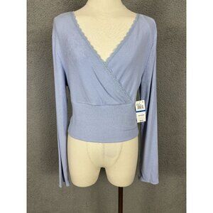 Sugar Moon Juniors' Cozy Ribbed Wrap Top Delicate Lace Trim Blue Extra Large NWT